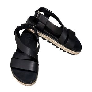 Sorel‎ Womens Black Leather Roaming Criss Cross Jute Sandals 7.5